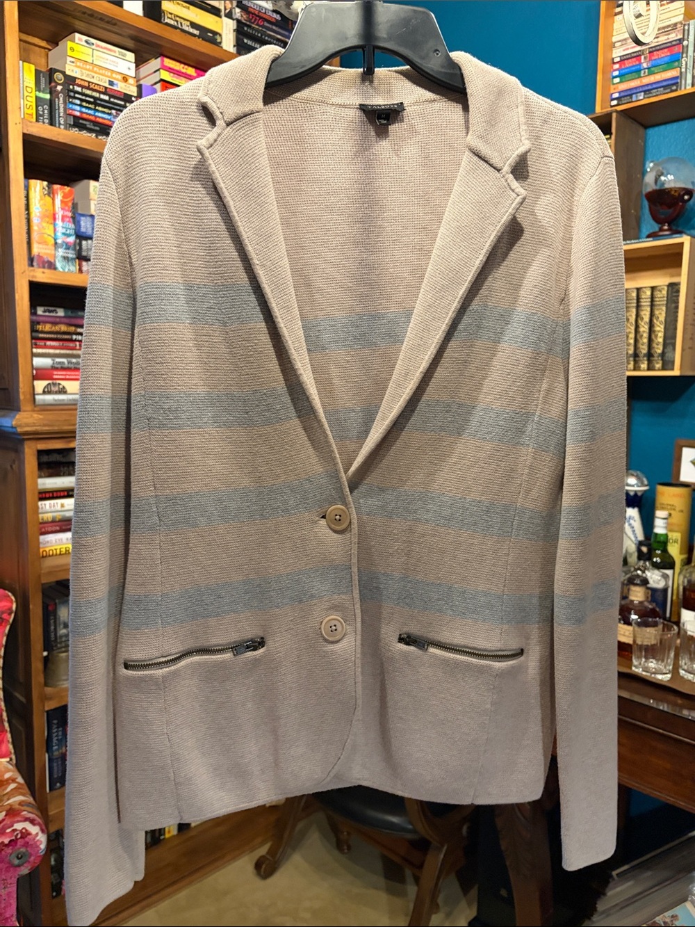 Talbots Taupe and Light Blue Striped Knit Cardigan